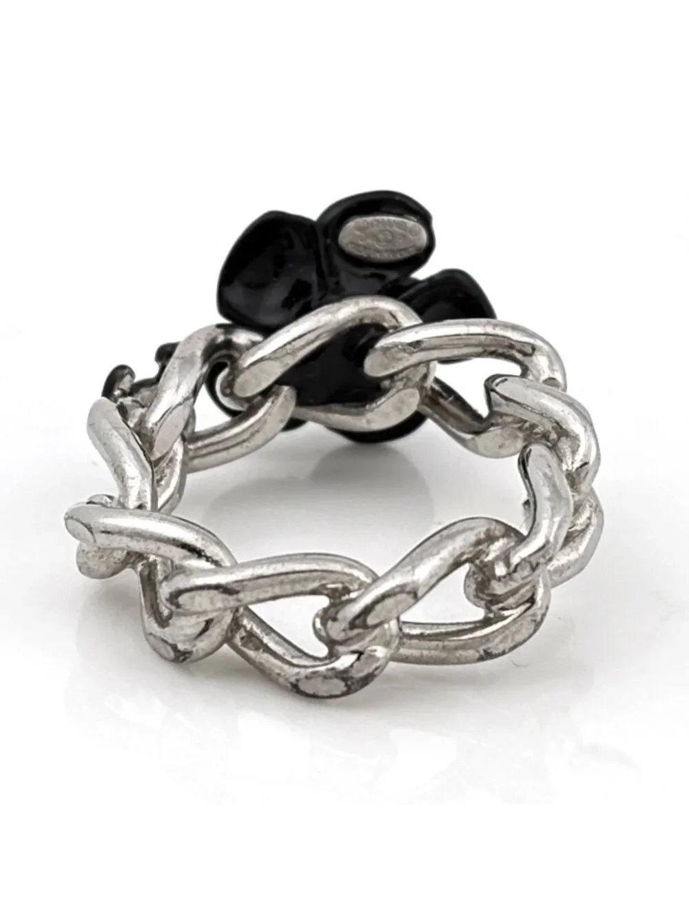 Chanel Ring CC Logo Camellia Silver Plated Black